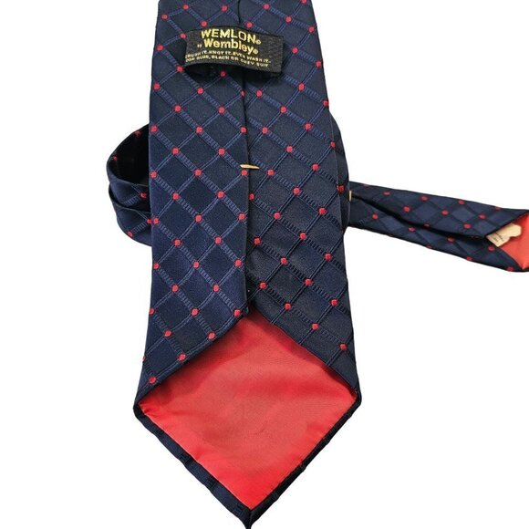 70s Wemlon by Wembley Tie Danbury Grid Red on Navy Washable Poly Mens 4"W x 28L - Picture 3 of 5